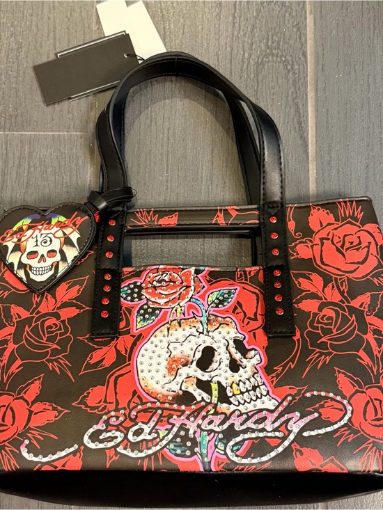 Ed Hardy Handbags - Ed Hardy Black & Red Rose Skull Tote with Stud Accents